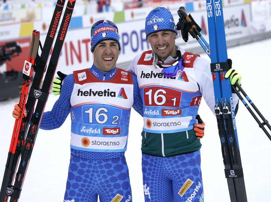 Il podio di Pellegrino e De Fabiani nella team sprint mondiale di Seefeld (Photo: Pentaphoto)