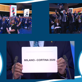 Il momento dell'assegnazione delle Olimpiadi 2026 a Milano Cortina
