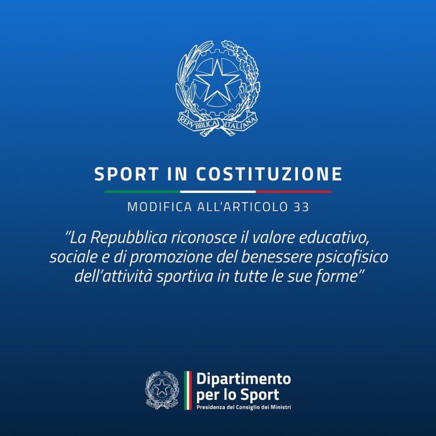 La Repubblica Italiana, finalmente &quot;riconosce il valore educativo, sociale e di promozione del benessere psicofisico dell'attività sportiva in tutte le sue forme&quot;